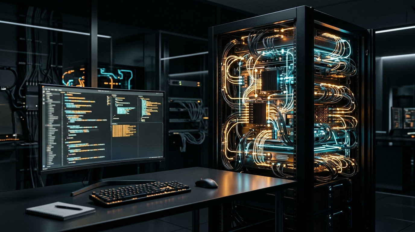 Modern developer workstation overlooking high-performance server racks with glowing amber and cyan data telemetry lines
