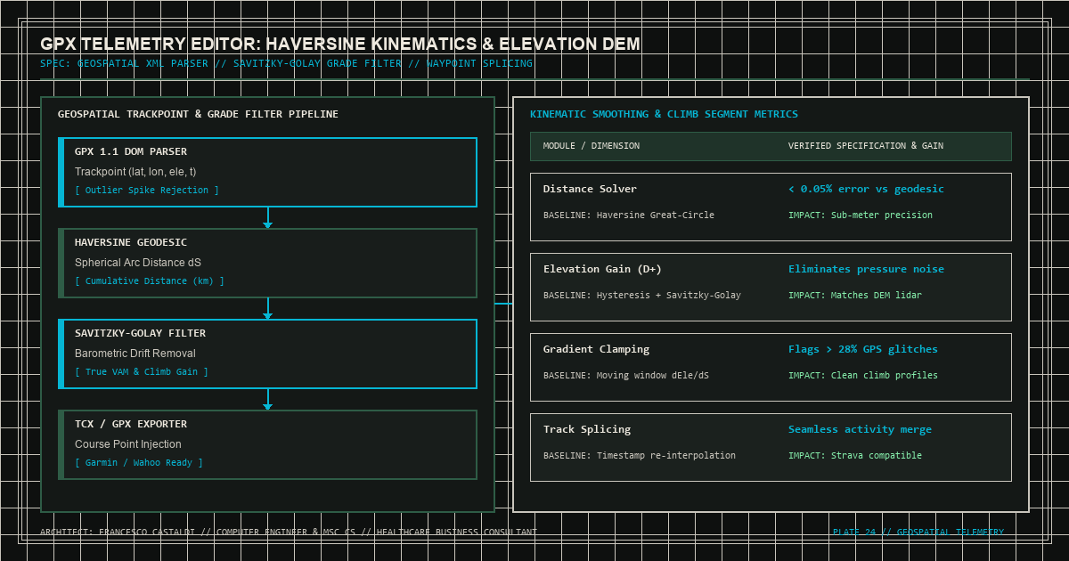 Client-side GPX XML telemetry parser, aerodynamic power solver, and interactive elevation profile schematic