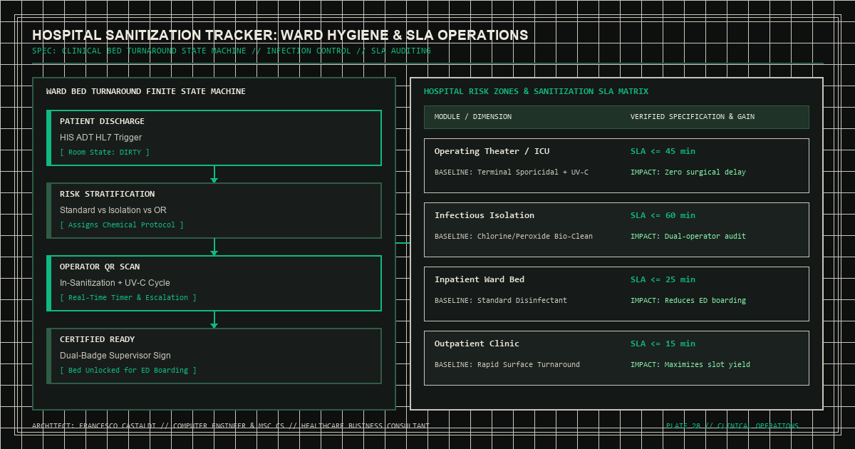 Hospital ward sanitization state machine and clinical bed turnaround SLA monitoring dashboard diagram