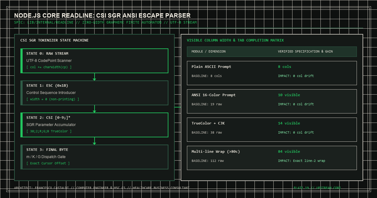 Node.js core readline stream state machine schematic showing ASCII and Unicode U+2028/U+2029/U+0085 line boundary tokenization