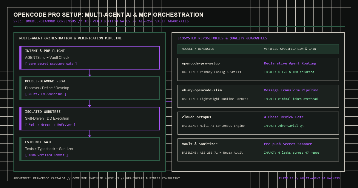 Multi-agent AI orchestration pipeline and Model Context Protocol server routing architecture for OpenCode Pro Setup