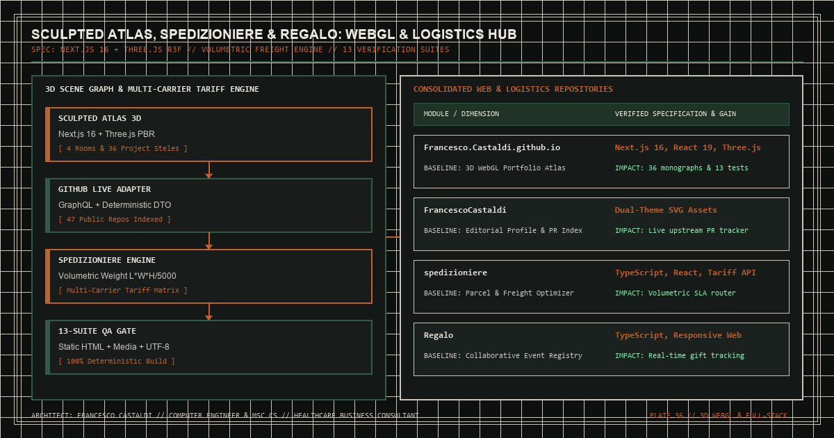 Sculpted Atlas 3D WebGL scene graph architecture and multi-carrier logistics tariff routing engine diagram