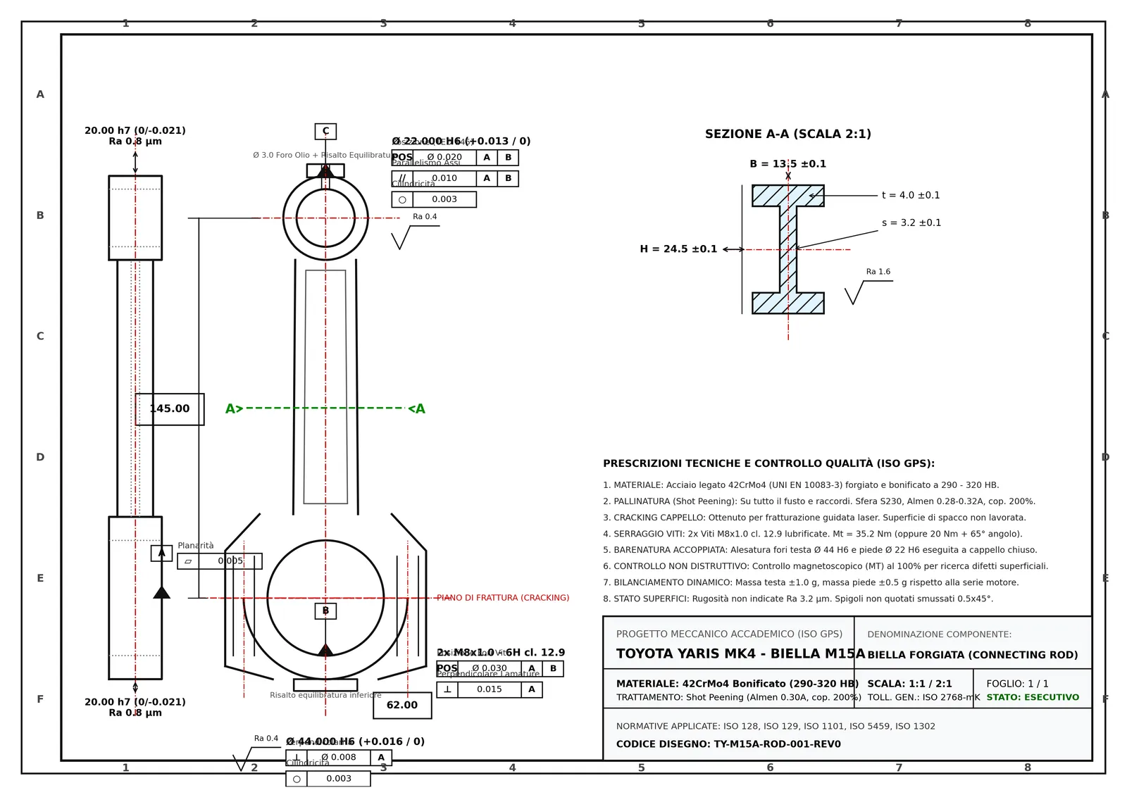 Dimensioned technical drawing of the connecting rod with I-beam section A-A, ISO GPS tolerances and the title block