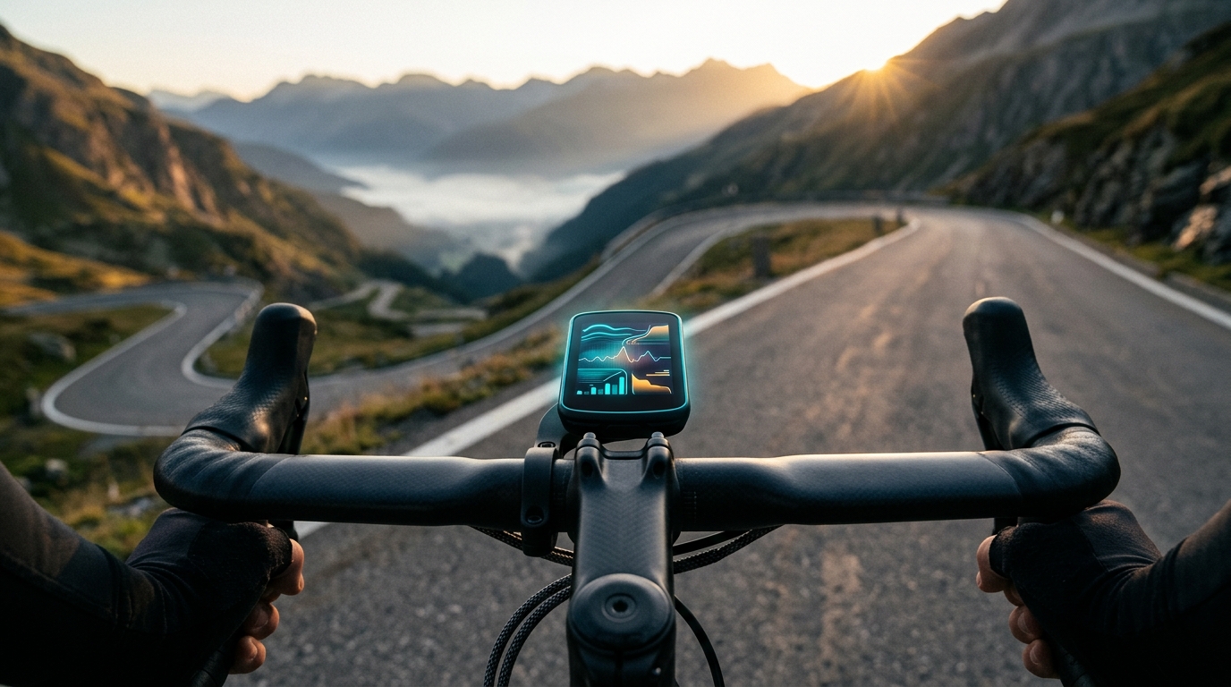 An illuminated cycling computer mounted on carbon aero handlebars overlooking a quiet morning road